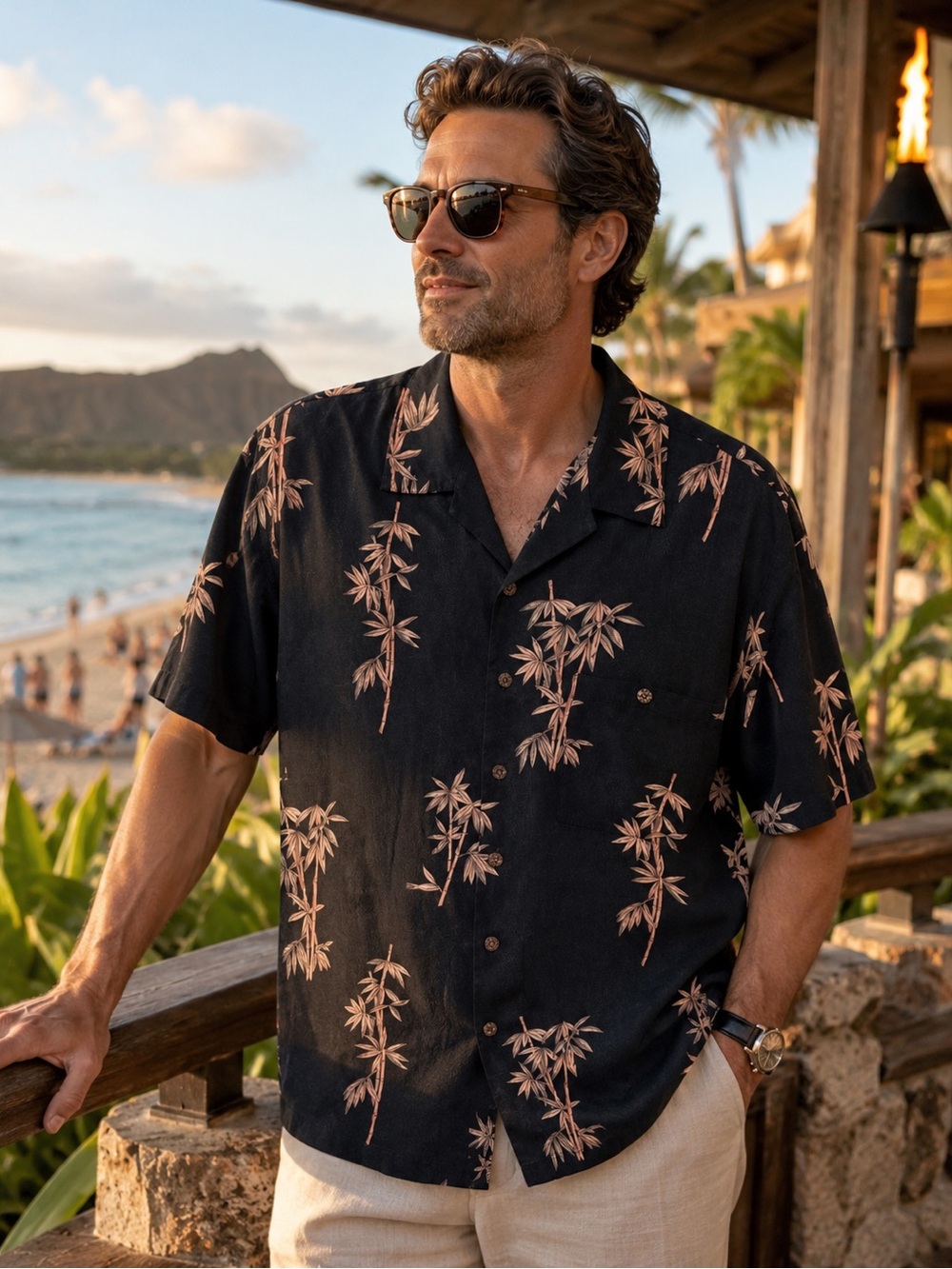 LUAU Finest Silk Hawaiian Camp Shirt Men’s XL Black Tan Bamboo Print 100% Silk